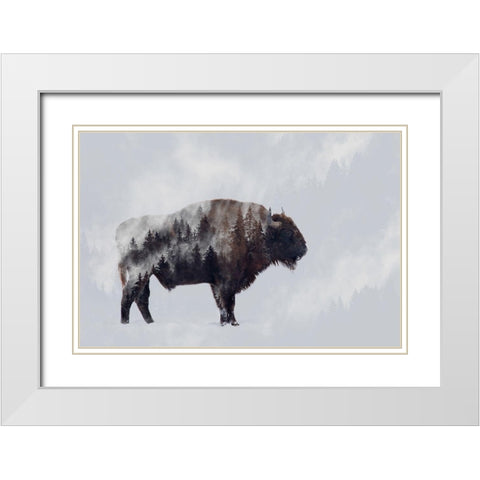 Bison - Double Exposure White Modern Wood Framed Art Print with Double Matting by Beata, Angyalosi