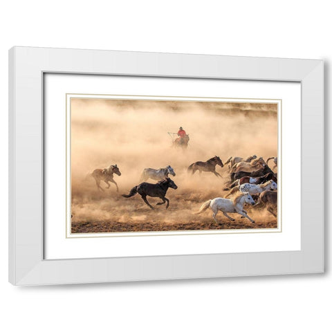 Horse Run White Modern Wood Framed Art Print with Double Matting by Wong, Adam