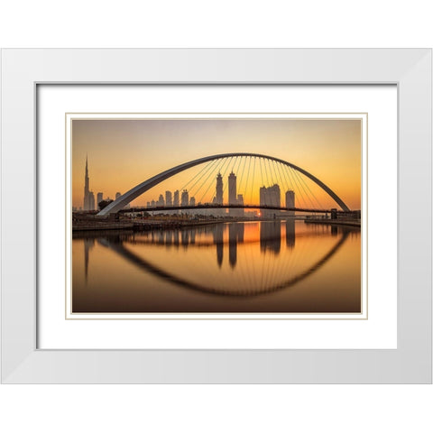 Sunrise at the Dubai Water Canal White Modern Wood Framed Art Print with Double Matting by Shamaa, Mohammed