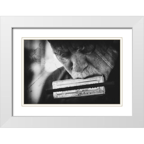 Wolf with harmonica White Modern Wood Framed Art Print with Double Matting by Schleicher-Schwarz, Roswitha