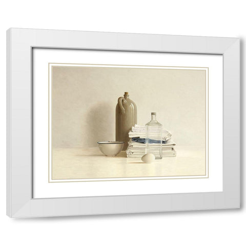 Jar-Bottle-Egg-Bowl and Cloths White Modern Wood Framed Art Print with Double Matting by de Bont, Willem