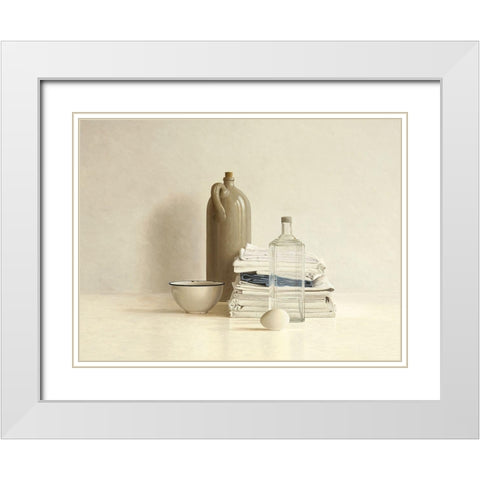 Jar-Bottle-Egg-Bowl and Cloths White Modern Wood Framed Art Print with Double Matting by de Bont, Willem
