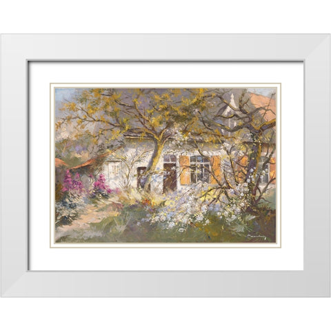Fleur de cerisier White Modern Wood Framed Art Print with Double Matting by Messely, Paul