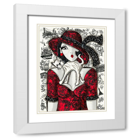 Chat sur robe rouge White Modern Wood Framed Art Print with Double Matting by MIROTA