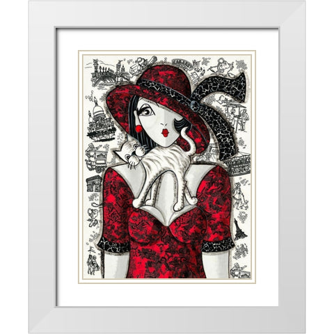 Chat sur robe rouge White Modern Wood Framed Art Print with Double Matting by MIROTA