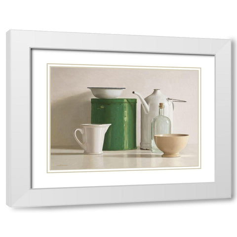 Green tin box-bottle-2 jugs and 2 bowl White Modern Wood Framed Art Print with Double Matting by de Bont, Willem