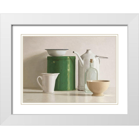 Green tin box-bottle-2 jugs and 2 bowl White Modern Wood Framed Art Print with Double Matting by de Bont, Willem