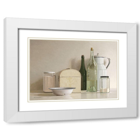 2 jars-2 bottles-jug-tin box and bowl White Modern Wood Framed Art Print with Double Matting by de Bont, Willem