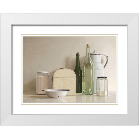 2 jars-2 bottles-jug-tin box and bowl White Modern Wood Framed Art Print with Double Matting by de Bont, Willem
