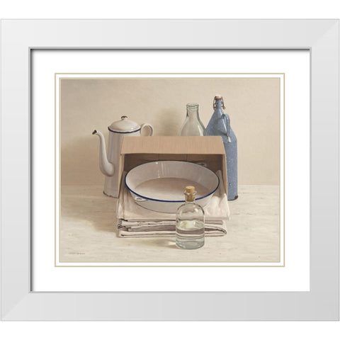 Still life behind box with cloths and pa White Modern Wood Framed Art Print with Double Matting by de Bont, Willem