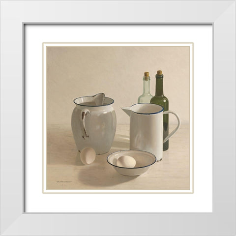 2 jugs-2 bottles-2 eggs and a bowl White Modern Wood Framed Art Print with Double Matting by de Bont, Willem