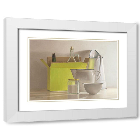 Still life with yellow box-bottles and  White Modern Wood Framed Art Print with Double Matting by de Bont, Willem