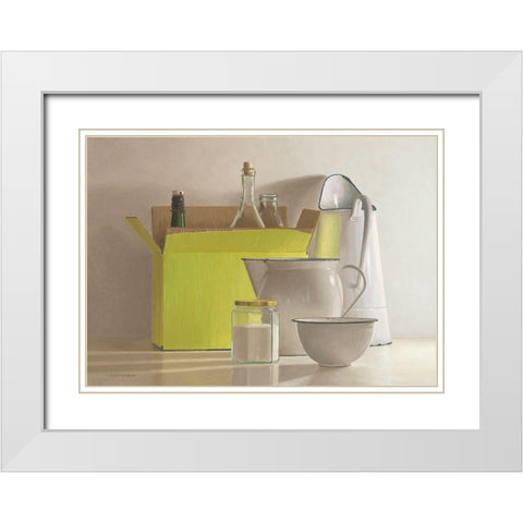 Still life with yellow box-bottles and  White Modern Wood Framed Art Print with Double Matting by de Bont, Willem