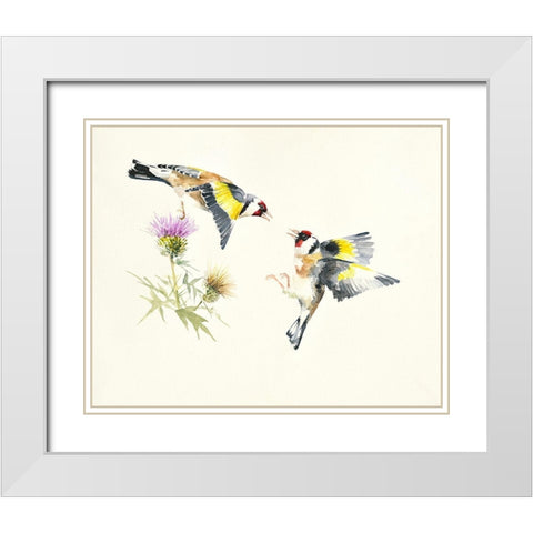 Goldfinches White Modern Wood Framed Art Print with Double Matting by Mayes, Hilary
