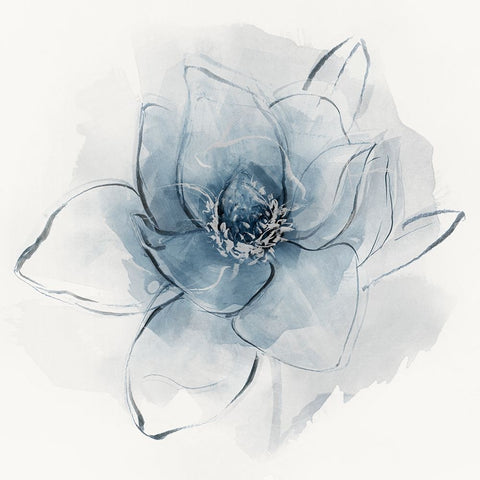 Blue Line Floral II White Modern Wood Framed Art Print with Double Matting by Aria K