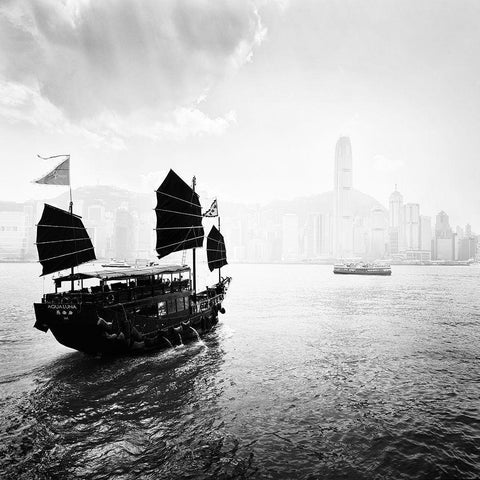 Boat in the Hong Kong Harbor Black Modern Wood Framed Art Print with Double Matting by Praxis Studio