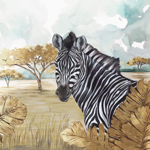 Golden Zebras White Modern Wood Framed Art Print with Double Matting by Watts, Eva