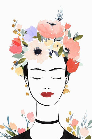 Flower Crown Frida I  White Modern Wood Framed Art Print with Double Matting by Isabelle Z