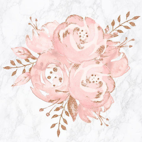 Floral Bouquet Rose Gold Pink Glitter on Marble White Modern Wood Framed Art Print by Nature Magick