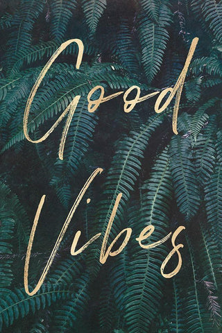 Good Vibes Greenery Ferns Gold Quote Portrait Black Ornate Wood Framed Art Print with Double Matting by Nature Magick