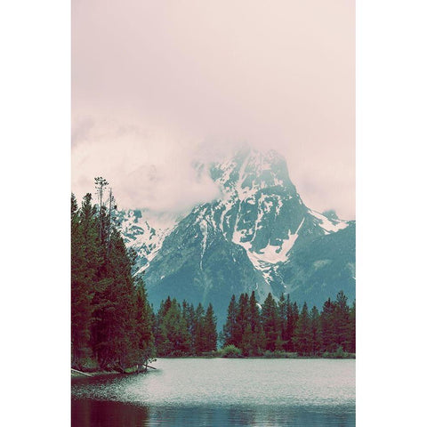 Vintage Mountain Lake Pink Sky Gold Ornate Wood Framed Art Print with Double Matting by Nature Magick