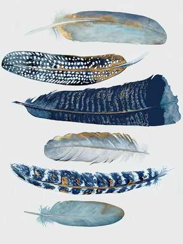 Blue and Gold Feathers I White Modern Wood Framed Art Print with Double Matting by Hatfield, Jodi