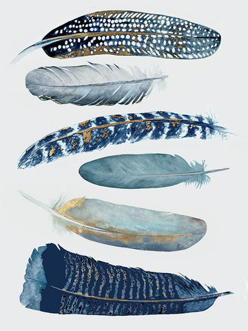 Blue And Gold Feathers II White Modern Wood Framed Art Print with Double Matting by Hatfield, Jodi