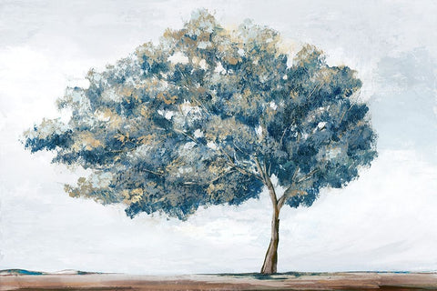 Blue Golden Tree White Modern Wood Framed Art Print with Double Matting by Ian C