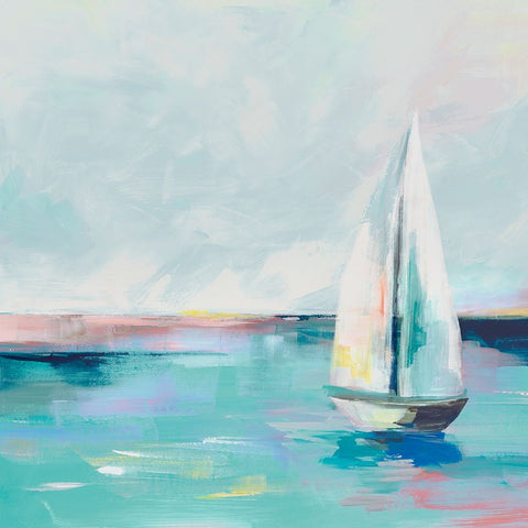 Blue Coast Sailboat Black Ornate Wood Framed Art Print with Double Matting by Ian C