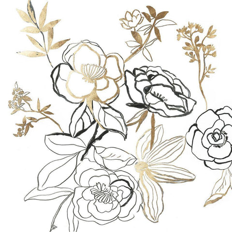 Black and Gold Florals  Black Ornate Wood Framed Art Print with Double Matting by Jensen, Asia