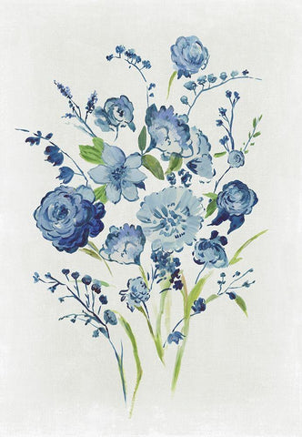 Blue Florals II White Modern Wood Framed Art Print with Double Matting by Jensen, Asia