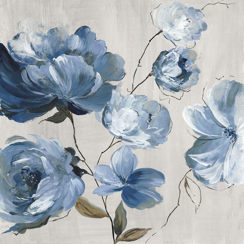 Blue Florals Cascade Black Modern Wood Framed Art Print by Jensen, Asia