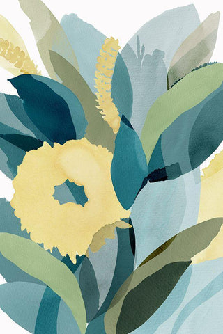 Yellow Teal Floral I Black Ornate Wood Framed Art Print with Double Matting by Kouta, Flora