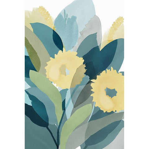 Yellow Teal Floral III Black Modern Wood Framed Art Print with Double Matting by Kouta, Flora