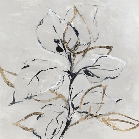 Golden Floral I  Black Modern Wood Framed Art Print with Double Matting by Lera