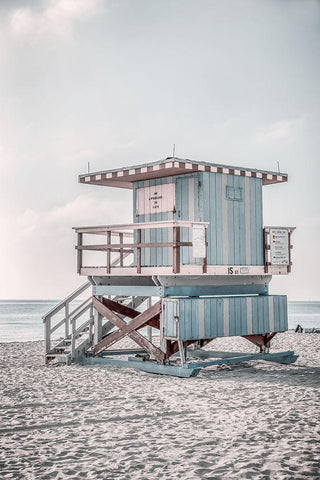 Miam Blue Beach Lifeguard Tower  White Modern Wood Framed Art Print with Double Matting by Haase, Andrea