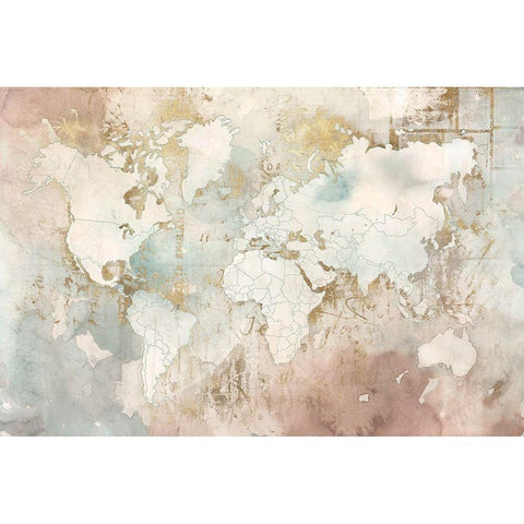 Blushing World Map  Gold Ornate Wood Framed Art Print with Double Matting by RoozbehÂ 