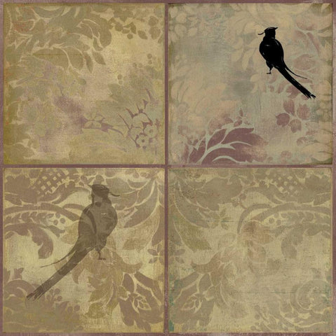 Damask Birds White Modern Wood Framed Art Print with Double Matting by PI Studio