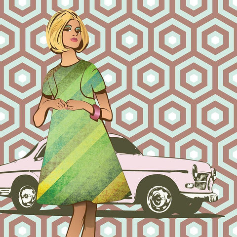 Girl With Car White Modern Wood Framed Art Print by Pazzio, Sammy