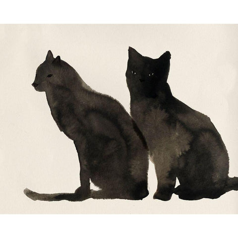 Two Black Cats  Black Modern Wood Framed Art Print with Double Matting by Pi Studio