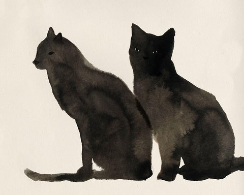 Two Black Cats  White Modern Wood Framed Art Print with Double Matting by Pi Studio