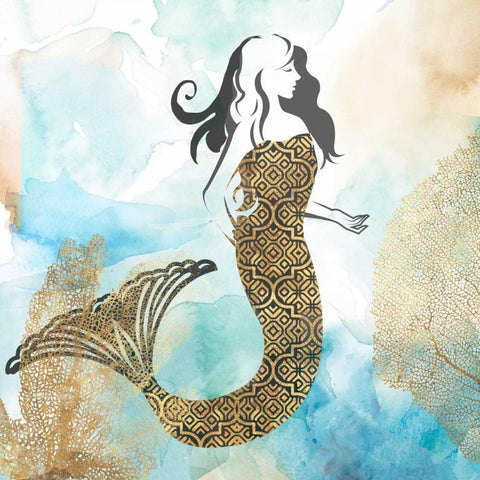 Mermaid I White Modern Wood Framed Art Print with Double Matting by PI Galerie