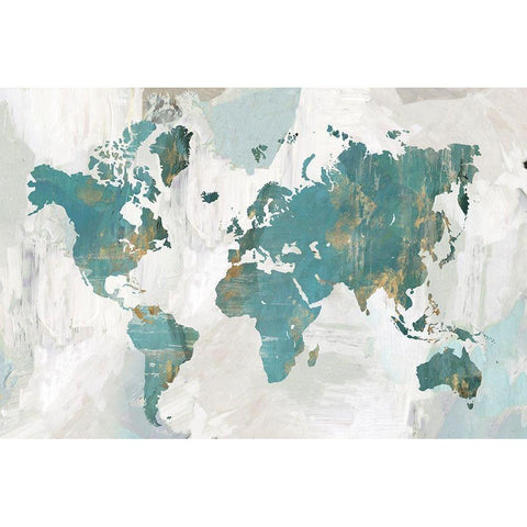 Teal World Map  Black Modern Wood Framed Art Print with Double Matting by Collabera, Pamela