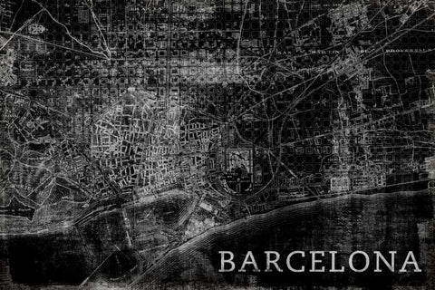 Map Barcelona Black White Modern Wood Framed Art Print with Double Matting by PI Studio