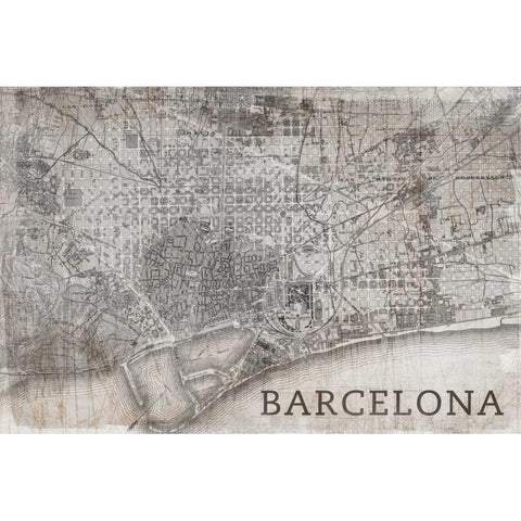 Map Barcelona Beige White Modern Wood Framed Art Print by PI Studio