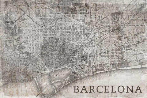 Map Barcelona Beige White Modern Wood Framed Art Print with Double Matting by PI Studio