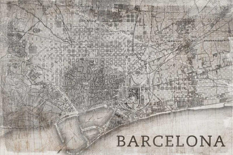 Map Barcelona Beige Black Ornate Wood Framed Art Print with Double Matting by PI Studio
