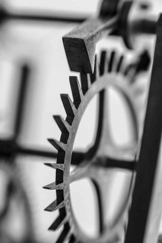 Gears III White Modern Wood Framed Art Print with Double Matting by Rick Cotter