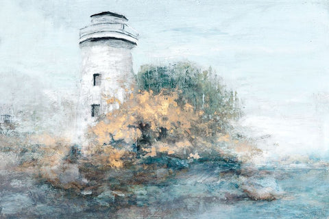 Golden Lighthouse White Modern Wood Framed Art Print with Double Matting by Theodosiou, Matina