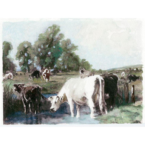 Grazing Cows  Gold Ornate Wood Framed Art Print with Double Matting by Stellar  Design Studio